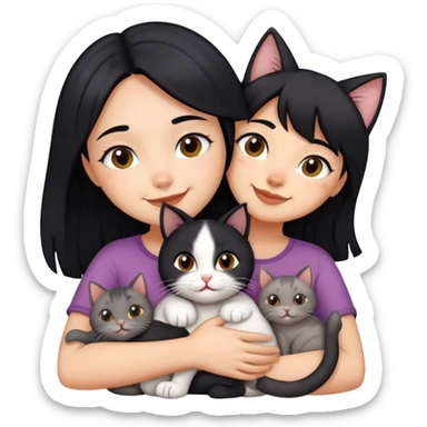 happy girl with black hair hugging three cats  (black cat, gray cat, brown calico cat) sticker