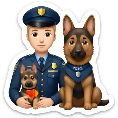 A German Shepherd sitting beside a police officer, both in focus, representing loyalty and discipline. Urban background, realistic tone, professional lighting. sticker