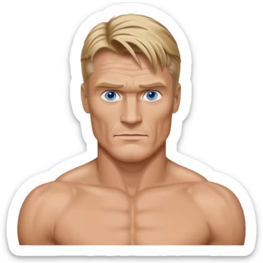 Dolph Lundgren with blue eyes, dark blonde hair, shirtless sticker