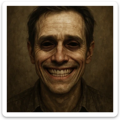 face with a wide grin and dead inside eyes, conveying a forced or hollow smile sticker