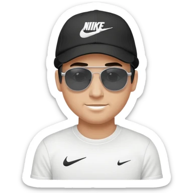 A guy wearing a white Nike shirt, a black Nike cap, and Juliet sunglasses. sticker