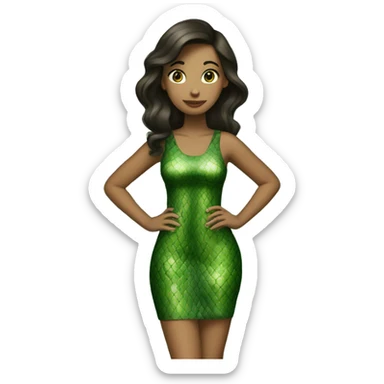 A brunette girl wearing a green snake dress sticker