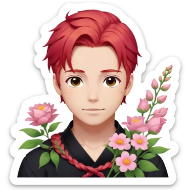 red hair with a thin braid on the side anime style handsome sexy gojo guy with blushing face and flowers aesthetic trending style outside sticker