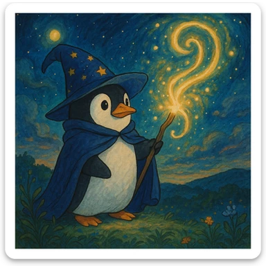 ghibli style penguin wizard casting a spell with a magical background sticker