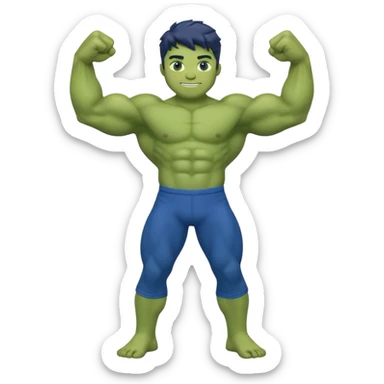 Kid Hulk flexing arms, full body, long blue pants, and smiling sticker
