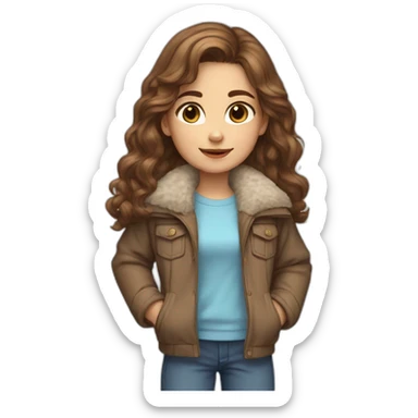 Girl, slightly curly long brown hair, light blue eyes, blue jacket with fur sticker