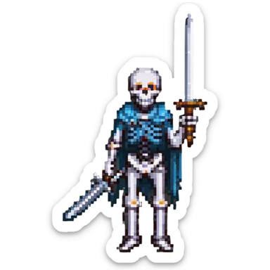 pixel art skeleton with a raised sword, classic RPG style sticker