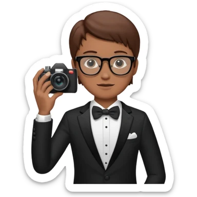 Un fotógrafo con pelo moreno, gafas, cámara en la mano derecha, fotografiando una boda sticker