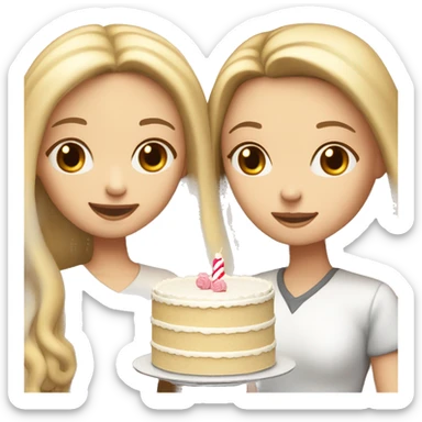 Girl with long blond hair and white girl with brown straight hair are holding big white cake sticker