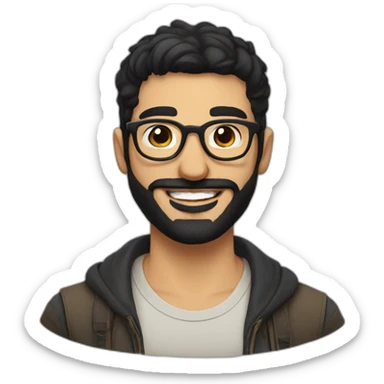 Arabic man, very short black hair, round hipster glasses, dark beard and mustache, round-ish face, brown eyes, beautiful smile sticker