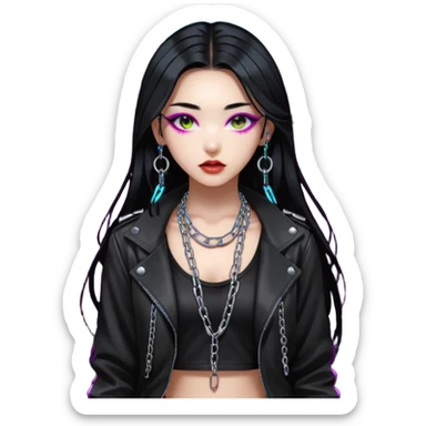  korean-techno-dj-girl,-wearing-a-stylish-edgy-outfit-with-metallic-chains,-long-black-hair,-performing-in-a-neon-lit-underground-club,-cyberpunk-aesthetic,-high-detail-3d-emoji-style,-energetic-and sticker