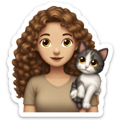 White girl Brown curly hair hug calico cat sticker