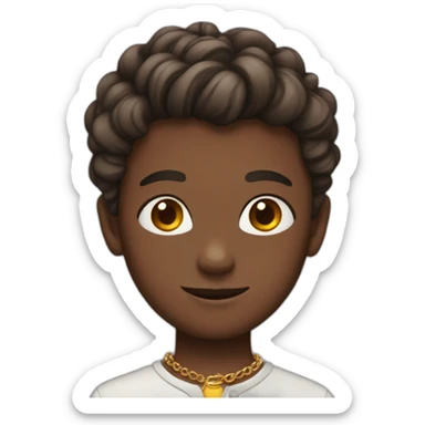 A boy with his hair tied and wearing a necklace sticker