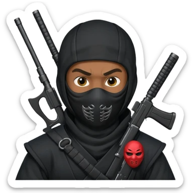 A black male in a ninja mask with a gun sticker