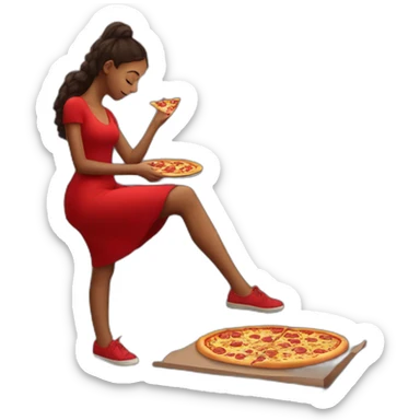 girl in a red dress goes through the city at the evening and eats pizza sticker