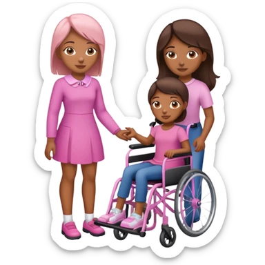One tan skin sister standing behind her brown skin sister in a pink wheelchair sticker