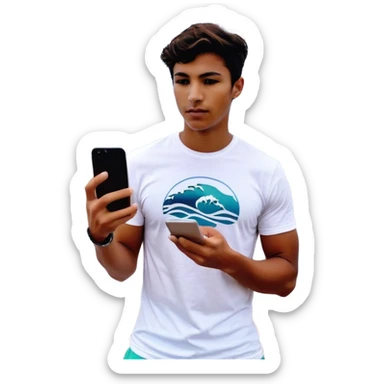 The ЭкоОракул app is open on my iPhone screen, with the sea waves visible behind it. And next to it, make a macbook on which the ЭкоОракул app is also open, behind which you can see sea waves. sticker