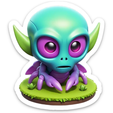Clash of Clans aesthetic: Cinematic Playful 3D Isometric Alien Emoji, rendered in a 3D vector-style similar to standard emojis with minimal shading and bold, simplified shapes. A compact, distinct form with signature details, softly glowing with a futuristic sci-fi warfare charm. Simplified yet unmistakably iconic, highly detailed and consistent, glowing with a soft radiance and high shine. Stylized with a touch of high-tech brilliance and a soft glowing outline, capturing the essence of a beloved gaming relic with a friendly, playful manner! sticker