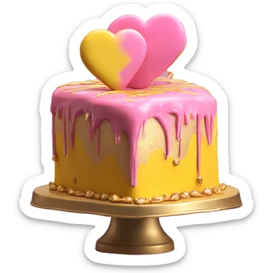 Realistic pink and yellow heart shaped layered cake with metallic gold icing dripping down the cake. sticker