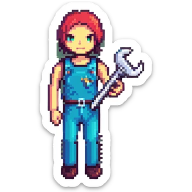 Rounded rectangle badge with pixel art person holding car wrench key, technical colorful IT design sticker