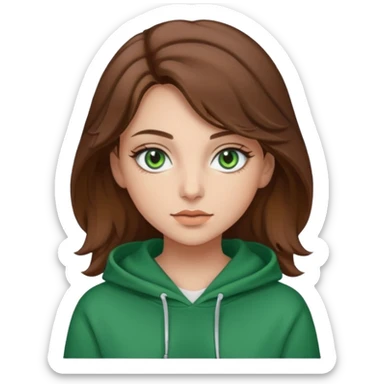 A girl with green eyes brown slightly wavy hair nice makeup and a hoodie  sticker