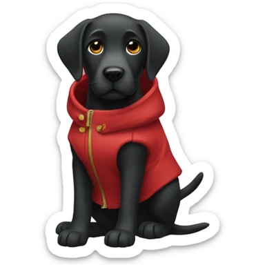 Black Labrador wearing a red coat sticker