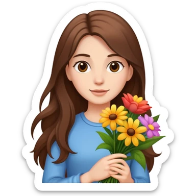 A cool girl with long brown hair and fair skin holding a bouquet of flowers sticker