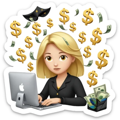 Girl who is trading options on her computer with $ signs in air sticker