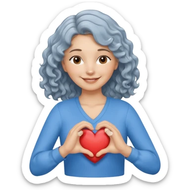 Silver hair, wavy/curly hair chin-length lady giving hug with 2 arms,  v-neck and smiling, add a heart, blue shirt sticker