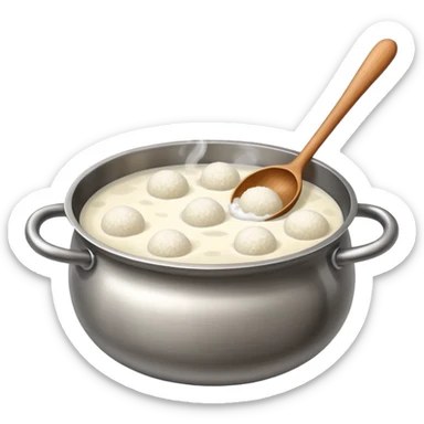 deep stainless steel pot with boiling water and floating glutinous rice flour balls and one wooden spoon sticker