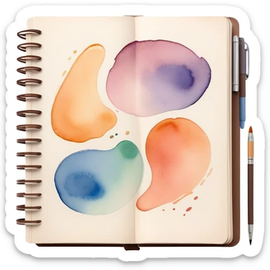 Cinematic Realistic image of an open sketchbook accompanied by a set of translucent watercolors, with delicate pigment stains and soft, flowing brushstrokes, captured under gentle, diffused lighting that highlights creative fluidity sticker