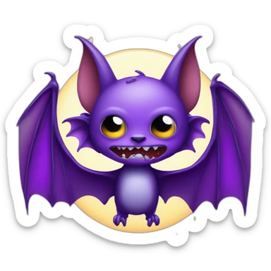 purple and black mad face vampire bat cartoon sparkle eyes wings flying in front of large dripping crescent moon sticker