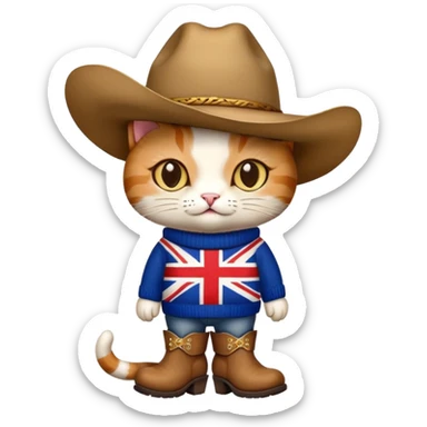 cat wearing union jack sweater and big cowboy hat and cowboy boots sticker