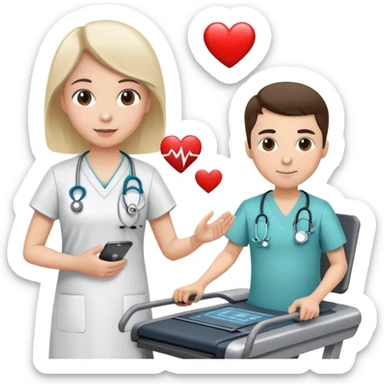 treadmill, patient in hospital gown, heart monitor, and doctor sticker