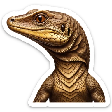 Cinematic Noble brown monitor Lizard Portrait Emoji, Poised and regal, with a robust, scaled body exhibiting striking, mottled patterns and piercing, alert eyes, Simplified yet sharp and sophisticated features, highly detailed, glowing with a soft, earthy glow, high shine, intelligent and formidable, stylized with an air of ancient wilderness, focused and commanding, soft glowing outline, capturing the essence of a watchful and confident reptilian guardian that appears ready to stride out of the screen with effortless authority! sticker