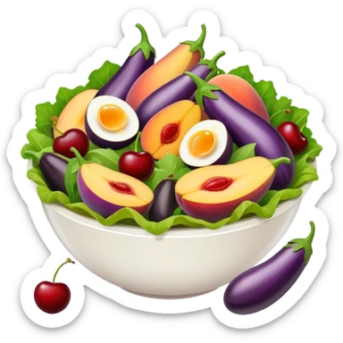 Salad in a salad bowl with only eggplants, cherries and peaches. sticker