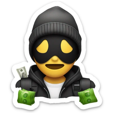 Robber Emoji with a black beanie, black eye mask with holes for his eyes, and a money bag emoji over his shoulder sticker