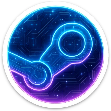 Transform the Steam icon into a cyberpunk, holographic style with glowing neon blue and pink edges and circuit patterns throughout the entire icon, including both the circle and the Steam logo inside. The whole icon should have a futuristic, clean look with neon glow and intricate circuit effects, matching the style of previous cyberpunk folder and file explorer icons. Use a transparent background outside the circle. sticker