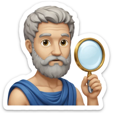 Dios griego con barba estilo estatua de color gris, de perfil mirando con una lupa de sticker