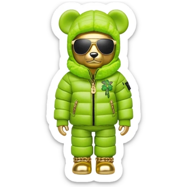 bearbrick figure with lime green grafitti-covered balaclava, voluminous puffer jacket with fur trim, single-piece wrap-around sunglasses, heavy gold chains, luxury streetwear style sticker