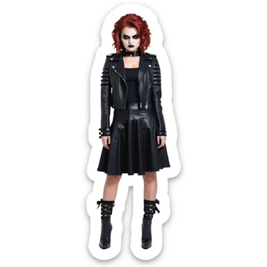 Chucky's bride wearing a black dress and black leather jacket, with dark makeup sticker
