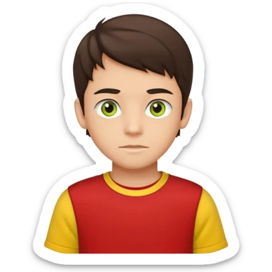 A portrait of a 14-year-old boy, he's got dark-brown hair, luight brownish skin and green hazel eyes. he's wearing a red t-sirt with yellow sleeves. sticker