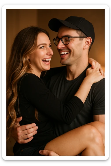 A woman with green eyes and very long brown-blonde balayage hair, in the arms of a sexy man with strong arms, brown eyes, a straight face, wearing a cap and glasses. The man has very short dark chestnut hair and light skin. They are laughing at each other. sticker