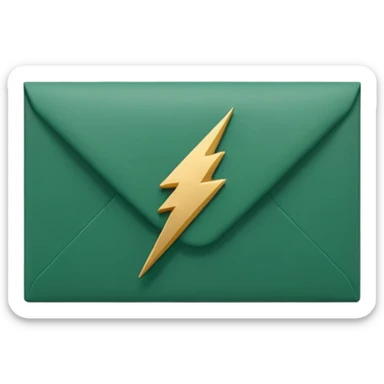 3D minimal envelope icon with small lightning bolt accent, matte finish, deep green (#0B3D2C), gold (#C9B037) lightning, Apple style, ultra minimal, soft shadow, transparent background sticker