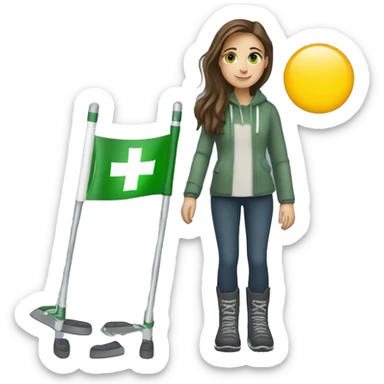A girl with a moon boot and crutches with brown hair and green eyes  sticker
