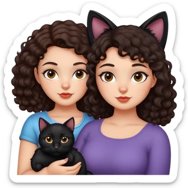 curvy girl with dark brown curly hair and black cat on her hand sticker