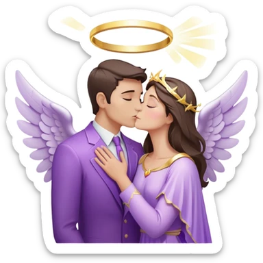 White brunette human man with rays of light Heart kisses a pastel purple angel woman sticker