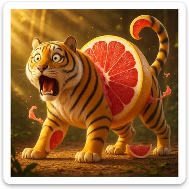 Edit the tiger's face to have a surprised expression while keeping the image quality and style consistent with the original. sticker