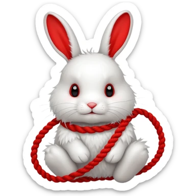 White realistic bunny with red rope tangled around sticker