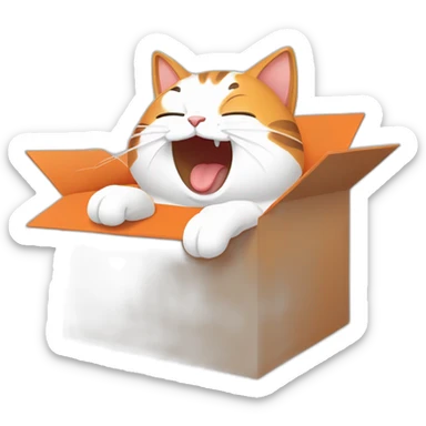 Cartoon art, a cat inside a box, yawning or stretching, simple lines, bright colors, white background, orange, white, and brown colors sticker